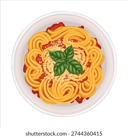 Spaghetti Bolognese top view vector hand drawn illustration. Italian food with meat sauce and basil for mediterranean cafe menu and template. Isolated meal drawing design perfect for delivery graphic.