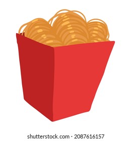 Spaghetti in box, noodles. Takeaway food doodle. Hand drawn vector illustration in flat style. Cartoon clipart isolated on white background.