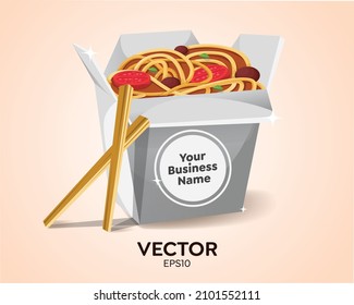 Spaghetti in box, noodles. Takeaway food doodle. Hand drawn vector illustration in flat style.