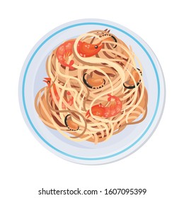 Spaghetti or Capellini Pasta with Prawns and Oysters Served on Plate Vector Illustration
