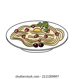 Spaghetti with Carbonara sauce. Doodle style. Vector graphics.