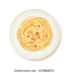 Spaghetti carbonara top view isolated on white. Vector illustration