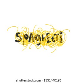 Spaghetti cartoon lettering. Italian pasta vector clipart. Restaurant menu isolated design element. Organic, eco meal. Shop, store sign. Noodles, macaroni illustration. Food, dinner, cuisine