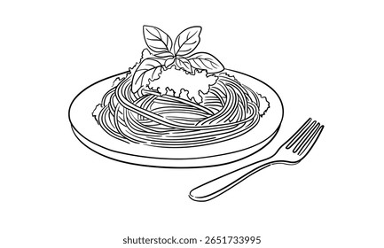 Espaguete com queijo e manjericão, desenho em linha contínua. Garfo pega espaguete do prato. Contorno da massa. Ilustração vetorial