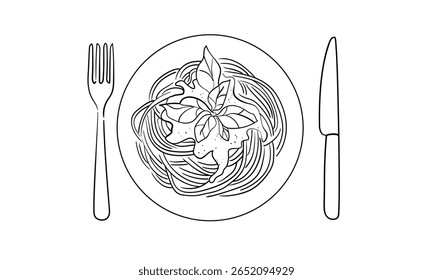 Espaguete com queijo e manjericão, desenho em linha contínua. Garfo pega espaguete do prato. Contorno da massa. Ilustração vetorial