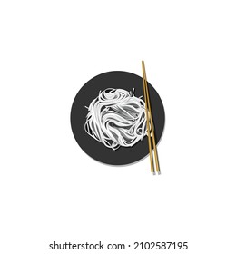 Spaghetti or chicken noodle logo. instant noodles with chopsticks and plate