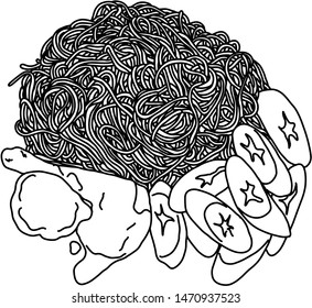 Spaghetti with chicken and vegetables vector illustration sketch doodle hand drawn with black lines isolated on white background