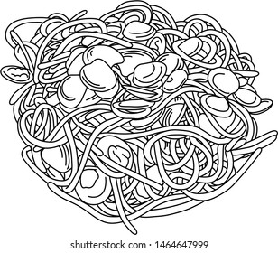 Spaghetti with clams vector illustration sketch doodle hand drawn with black lines isolated on white background