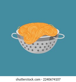 Spaghetti en colander aislado en fondo azul. Ilustraciones vectoriales del proceso de cocción de pasta. Comida, concepto de cocina