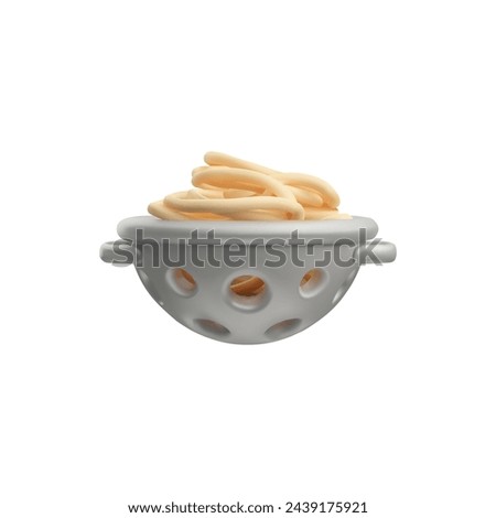 Spaghetti in colander, pasta cooking process 3D style vector illustration. Cartoon metal kitchenware cooking utensil to strain pasta, draining step for cooking Carbonara isolated on white
