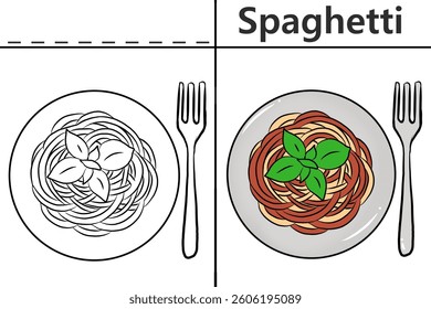Spaghetti coloring pages for kids and learn to recognize letters, food recognition cards, media for various games in early childhood learning