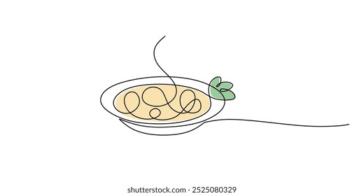 Espaguetis continuo de una línea de dibujo. Comida italiana en el plato. Fondo minimalista de Ilustración vectorial.