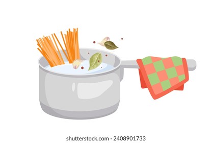 Spaghetti cooking process vector illustration. Cartoon isolated metal ladle with checkered kitchen towel on handle and boiling water, pasta and falling herbs and spices ingredients, food preparation