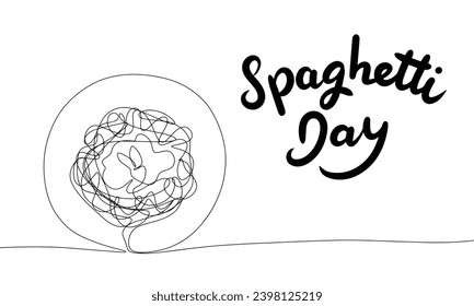 Cartel del Día del Espagueti. Cartel de texto de escritura a mano Día de Spaghetti con el arte de la línea Spaghetti en la placa. Arte vector dibujado a mano.