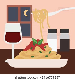 spaghetti for dinner in flat illustration