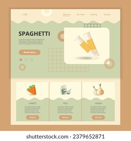 Plantilla del sitio web de la página de aterrizaje plana de Spaghetti. Zanahoria, arroz, cebolla. Banner web con encabezado, contenido y pie de página. Ilustración vectorial.