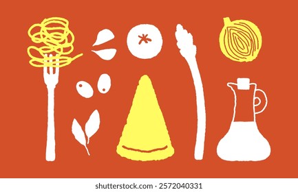 Spaghetti food set. Hand-drawn illustration elements. Pasta recipe ingredient. Flat style Italian food