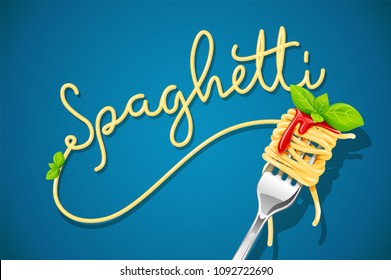 Spaghetti at fork with basil and sauce. Pasta. Organic meal. Traditional italian food. Natural eating. Cooking lunch. Concept Macaroni design. Blue background. EPS10 vector illustration.