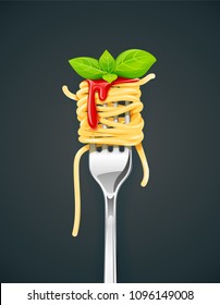 Spaghetti at fork with basil and sauce. Pasta. Organic meal. Traditional italian food. Natural eating. Cooking lunch. Macaroni design. Dark background. EPS10 vector illustration.