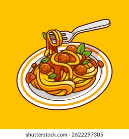 Spaghetti With Fork Cartoon Vector Icon Illustration. Food Object Icon Concept Isolated Premium Vector. Flat Cartoon Style
