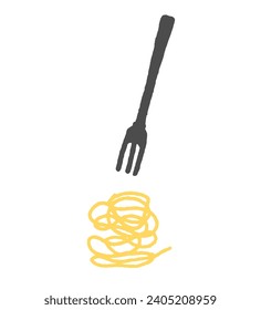 Spaghetti y tenedor dibujaron una simple ilustración. Comida vectorial plana en el fondo blanco