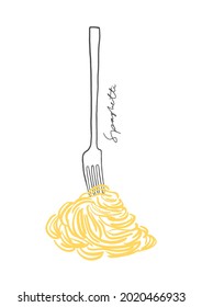 Spaghetti and fork line illustration. Hand drawn vector pasta on the white background