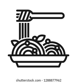 Spaghetti with fork. Stroke outline style. Line vector. Isolate on white background.