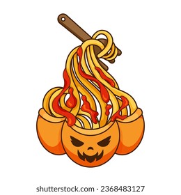 Vector de ilustración de comida Spaghetti halloween. Menú de pasta de Halloween. Halloween tallarines con ícono de menú de calabaza.  Caricatura de la cabeza de calabaza fantasma de Halloween. Fideos de pasta de comida italiana con salsa de tomate