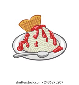 Spaghetti ice cream with spoon and waffle. Vector icon on white background