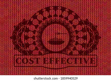 spaghetti icon and Cost effective text Red woolen fabric badge. Cloth delicate background. Intense illustration. 