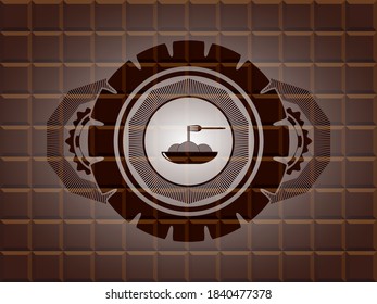 spaghetti icon inside chocolate bar badge. Brown delicate background. Intense illustration. 