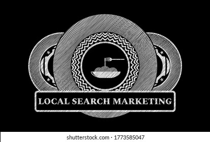 spaghetti icon and Local search marketing text chalk blackboard emblem. Chalkboard graceful background. Illustration. 