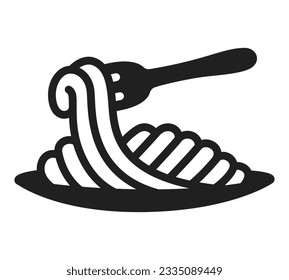 Spaghetti icon in plate, italian food illustration, Drawing of a fork scooping up spaghetti.