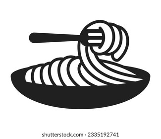 Spaghetti icon in plate, italian food illustration, Drawing of a fork scooping up spaghetti.