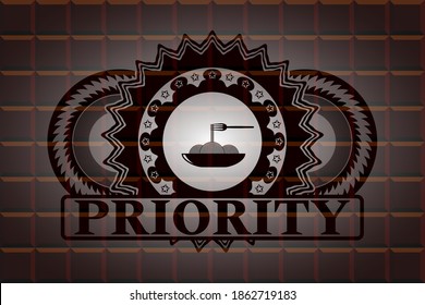 spaghetti icon and Priority text chocolate bar realistic emblem. Brown fashionable background. Vector illustration. 