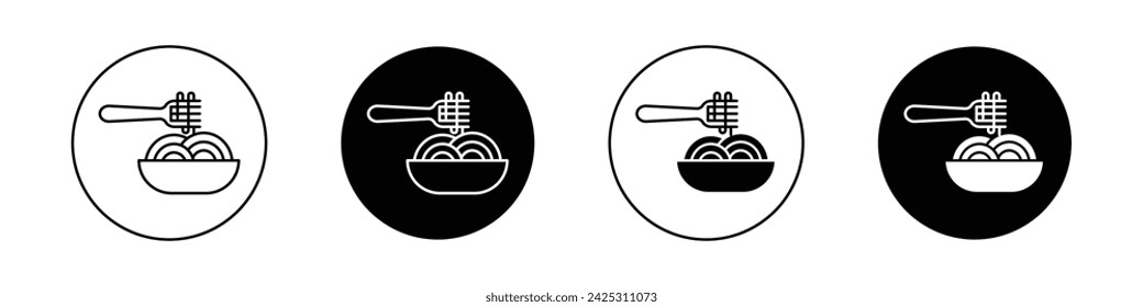 Spaghetti Icon Set. Food Noodle Pasta Vector Symbol in a Black Filled and Outlined Style. Fork and bolognese Italian Flavors Sign.