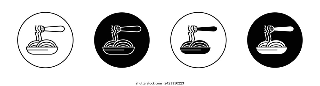 Spaghetti icon set. Italian pasta dish vector symbol in a black filled and outlined style. Fork and noodle sign.