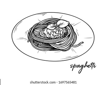 Spaghetti isolated on a white background. Sketch Italian dishes. Vector illustration in sketch style.