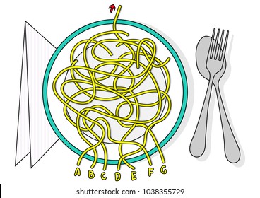 Spaghetti labyrinth vector maze game puzzle with solution in hidden layer