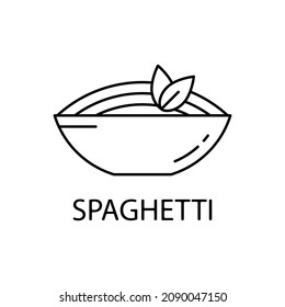 Spaghetti linear icon. Plate of pasta with basil leaf. Outline simple vector. Contour isolated pictogram on white background