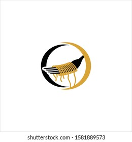 Spaghetti logo vector with fork silhouette as eating tool. For noodle food restaurant, cafe, bar, shop, store, supplier, lover, chef. Modern vintage look, flat style. apply to web site, mobile phone
