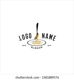 Spaghetti logo vector with fork silhouette as eating tool. For noodle food restaurant, cafe, bar, shop, store, supplier, lover, chef. Modern vintage look, flat style. apply to web site, mobile phone