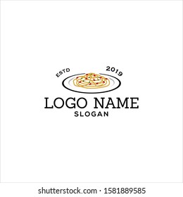 Spaghetti logo vector with fork silhouette as eating tool. For noodle food restaurant, cafe, bar, shop, store, supplier, lover, chef. Modern vintage look, flat style. apply to web site, mobile phone