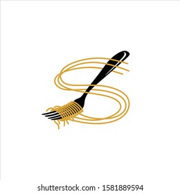 Spaghetti logo vector with fork silhouette as eating tool. For noodle food restaurant, cafe, bar, shop, store, supplier, lover, chef. Modern vintage look, flat style. apply to web site, mobile phone