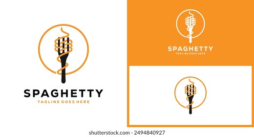 Spaghetti logo vector with fork silhouette as eating tool. For noodle food restaurant