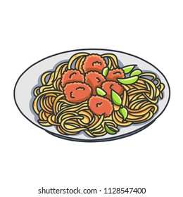 spaghetti with meatball, noodles with meat ball cartoon illustration , retro