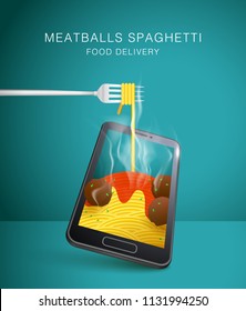 SPAGHETTI WITH MEATBALLS .FOOD ONLINE DELIVERY. FOOD DELIVERY APP. SPAGHETTI WITH FORK. SMART PHONE VISUAL CONCEPT FOR FOOD ONLINE DELIVERY.