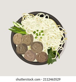 Spaghetti with meatballs and green vegetables vector. Plate of spaghetti pasta icon isolated on a white background
