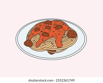 Spaghetti and Meatballs Illustration: A vibrant and mouthwatering illustration of a classic Italian dish - spaghetti and meatballs, showcasing the rich red sauce, perfectly cooked pasta.