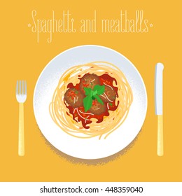 Spaghetti With Meatballs, Italian Pasta Vector Design Element For Menu, Poster. Traditional Italian Dish Spagetti Served For Dinner Illustration